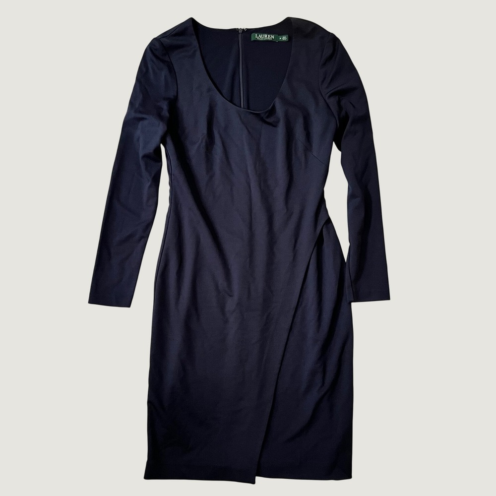 Lauren Ralph Lauren Sheath Dress Navy Blue Long Sleeve Faux Wrap 6